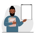 A man holds a stack of books in one hand, a clipboard in the other, space for text. Knowledge, education, teaching Royalty Free Stock Photo