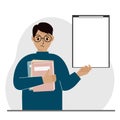 A man holds a stack of books in one hand, a clipboard in the other, space for text. Knowledge, education, teaching Royalty Free Stock Photo