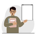 A man holds a stack of books in one hand, a clipboard in the other, space for text. Knowledge, education, teaching Royalty Free Stock Photo