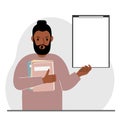 A man holds a stack of books in one hand, a clipboard in the other, space for text. Knowledge, education, teaching Royalty Free Stock Photo