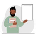 A man holds a stack of books in one hand, a clipboard in the other, space for text. Knowledge, education, teaching Royalty Free Stock Photo