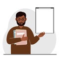 A man holds a stack of books in one hand, a clipboard in the other, space for text. Knowledge, education, teaching Royalty Free Stock Photo