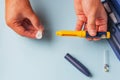 A man holds a syringe for subcutaneous injection of hormonal drugs in the IVF Royalty Free Stock Photo