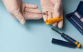 A man holds a syringe for subcutaneous injection of hormonal drugs in the IVF protocol in vitro fertilization . pregnancy. Royalty Free Stock Photo