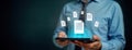 Man holds tablet displaying document icons. Digital document management concept. Business tech interface. Man using advanced Royalty Free Stock Photo