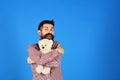 Man holds teddy bear on blue background, copy space Royalty Free Stock Photo