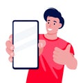 Man holds thumb up and showing smartphone blank screen. Vector illustration. Mockup design element with place for text Royalty Free Stock Photo