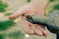 A man holds on to an old wine bottle. Hands holding a dirty glas Royalty Free Stock Photo