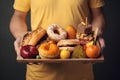 man holds a tray of organic products and fast food, Healthy and junk food, Diet decision concept, Generative AI