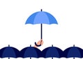 Man holds an umbrella in his hand. Personal, individual rain umbrella. Weather protection. Vector flat illustration