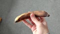 Man holds a very overripe banana in his hand