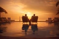 relax pool swimming romantic travel couple back sunset vacation honeymoon. Generative AI.