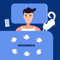 Man at home bedroom lying in bed late at night trying to sleep suffering insomnia sleeping disorder or scared