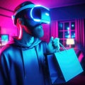 A man at home is shopping online using a VR headset with a shopping bag Cyber Monday Royalty Free Stock Photo