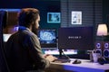 Man at home witnessing AI becoming sentient, talking with him, asking questions