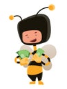 Man in honey bee costume holding money illustration cartoon character