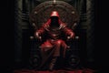 Man in hood sitting on royal throne in dark castle hall. Generative AI