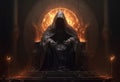 Man in hood sitting on royal throne in dark castle hall. Generative AI