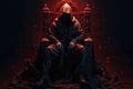 Man in hood sitting on royal throne in dark castle hall. Generative AI