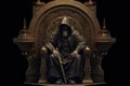 Man in hood sitting on royal throne in dark castle hall. Generative AI Royalty Free Stock Photo