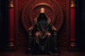 Man in hood sitting on royal throne in dark castle hall. Generative AI