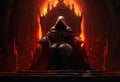 Man in hood sitting on royal throne in dark castle hall. Generative AI