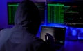 man in a hood working as a hacker at the computer in the dark room at night, hacking the system and laundring secret