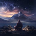 A man in a hoodie praying on top of a mountain a view of the night sky with stars. Ramadan as a time of fasting and prayer for Royalty Free Stock Photo