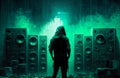 Man in hoodie standing in front of speakers. Generative AI