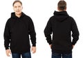 Man hoody set, black hoody front and back view, hood mock up. Empty male hoody copy space. Front and rear background