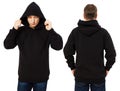 Man hoody set, black hoody front and back view, hood mock up. Empty male hoody copy space. Front and rear background