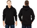 Man hoody set, black hoody front and back view, hood mock up. Empty male hoody copy space. Front and rear background