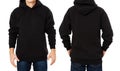 Man hoody set, black hoody front and back view, hood mock up. Empty male hoody copy space. Front and rear background