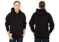 Man hoody set, black hoody front and back view, hood mock up. Empty male hoody copy space. Front and rear background