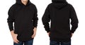 Man hoody set, black hoody front and back view, hood mock up. Empty male hoody copy space. Front and rear background