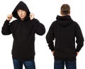 Man hoody set, black hoody front and back view, hood mock up. Empty male hoody copy space. Front and rear background