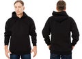 Man hoody set, black hoody front and back view, hood mock up. Empty male hoody copy space. Front and rear background