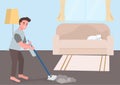 The husband cleans the house using a vacuum cleaner. House cleaning vector flat style cartoon illustration Royalty Free Stock Photo
