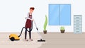 Man hoovering floor flat vector illustration. Husband cleaning carpet, using vacuum cleaner, doing housework, domestic