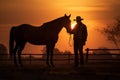 Man and a horse in a countryside field during sunset