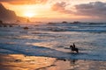Man horse riding on sunset beach Royalty Free Stock Photo