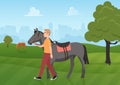 Man with horse in summer green landscape, jockey rider walking with horse domestic animal Royalty Free Stock Photo