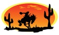 Man with horse sunset silhouette on a desert, and cactus.