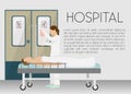 Man in hospital on drip banner vector illustration. Cartoon young person lying in bed with infusor. Medical, healthcare