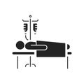 Man in hospital ward with dropper black glyph icon. Postoperative therapy. Isolated vector element. Outline pictogram