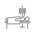 Man in hospital ward with dropper black line icon. Postoperative therapy. Isolated vector element. Outline pictogram for