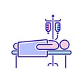 Man in hospital ward with dropper color line icon. Postoperative therapy. Isolated vector element. Outline pictogram for web page