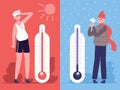 Man in hot and cold weather. Outdoor temperature thermometers, weather influence human. Male character in summer and Royalty Free Stock Photo