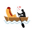 Man and hot dog in boat ride. Lovers of sailing. Man rolls fast