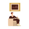 Man in Hotel Hall Sitting in Armchair and Reading Newspaper Vector Illustration